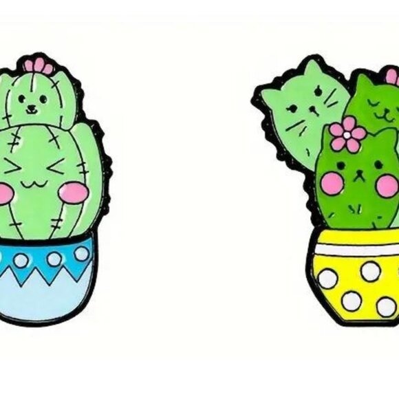 Set 2 of Cat Cactus Enamel Pins - Whimsical (2 pins included) - Picture 1 of 2